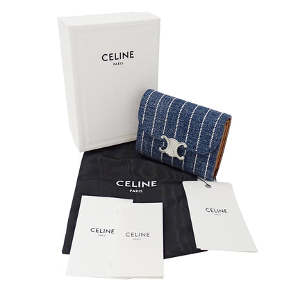 CELINE セリーヌ スモール フラップウォレット 三つ折り財布 トリオンフ ブルー デニム レディース 【中古】