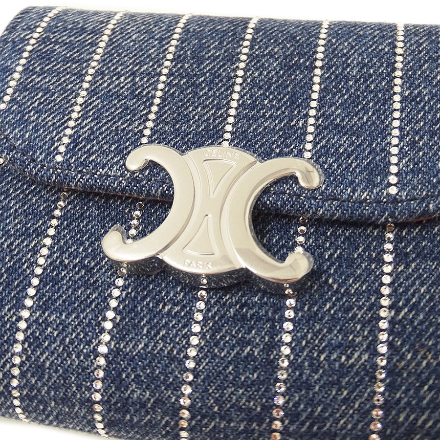 CELINE セリーヌ スモール フラップウォレット 三つ折り財布 トリオンフ ブルー デニム レディース 【中古】