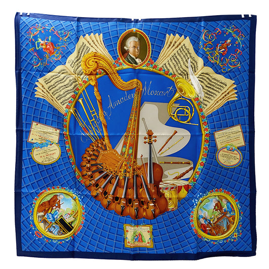 HERMES エルメス Wolfgang Amadeus Mozart モーツァルトへの賛歌 スカーフ カレ 90 ブルー シルク レディース 【中古】