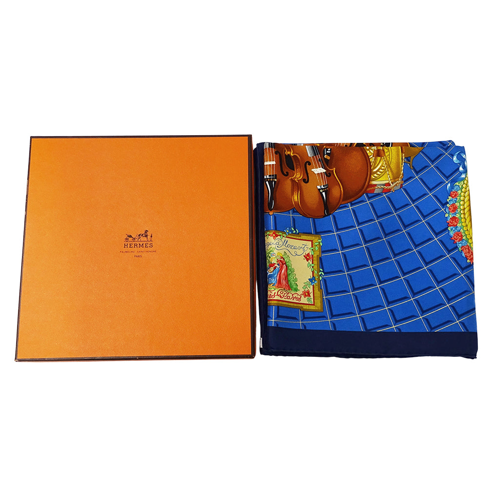 HERMES エルメス Wolfgang Amadeus Mozart モーツァルトへの賛歌 スカーフ カレ 90 ブルー シルク レディース 【中古】