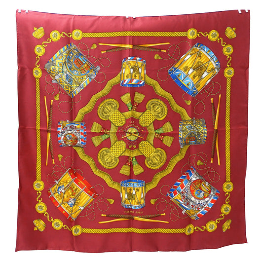 HERMES エルメス LES TAMBOURS タンブールの太鼓 スカーフ カレ 90 レッド シルク レディース 【中古】