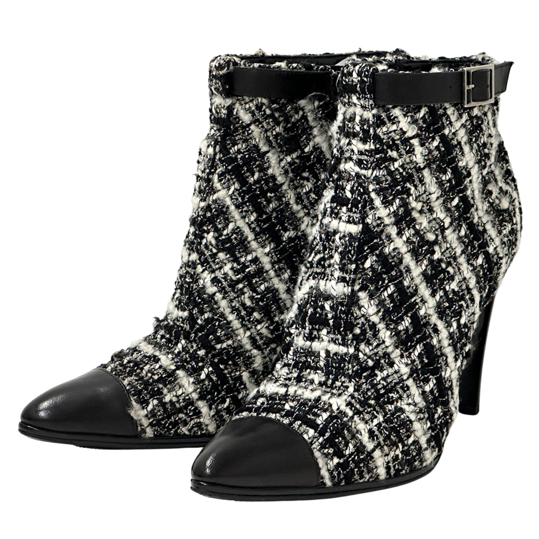 CHANEL シャネル ブーツ ブラック ホワイト ツイード レディース 【中古】