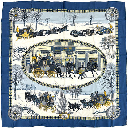 HERMES エルメス カレ90 BULL&MOUTH WESTERN COACH OFFICE 冬の郵便馬車 スカーフ ブルー マルチカラー シルク レディース 【中古】