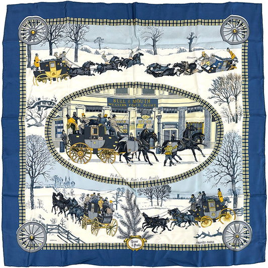 HERMES エルメス カレ90 BULL&MOUTH WESTERN COACH OFFICE 冬の郵便馬車 スカーフ ブルー マルチカラー シルク レディース 【中古】