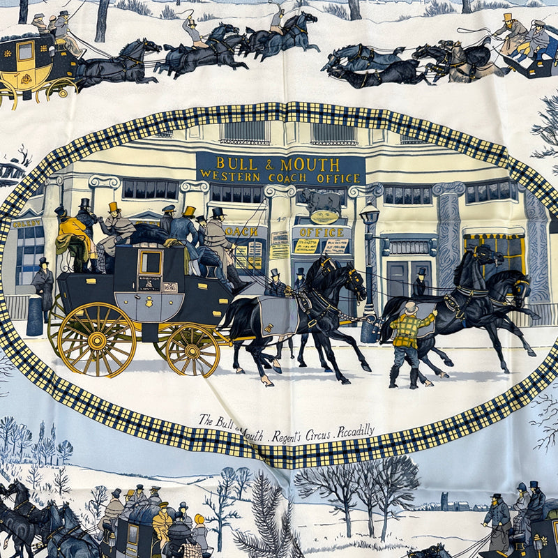 HERMES エルメス カレ90 BULL&MOUTH WESTERN COACH OFFICE 冬の郵便馬車 スカーフ ブルー マルチカラー シルク レディース 【中古】