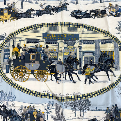 HERMES エルメス カレ90 BULL&MOUTH WESTERN COACH OFFICE 冬の郵便馬車 スカーフ ブルー マルチカラー シルク レディース 【中古】