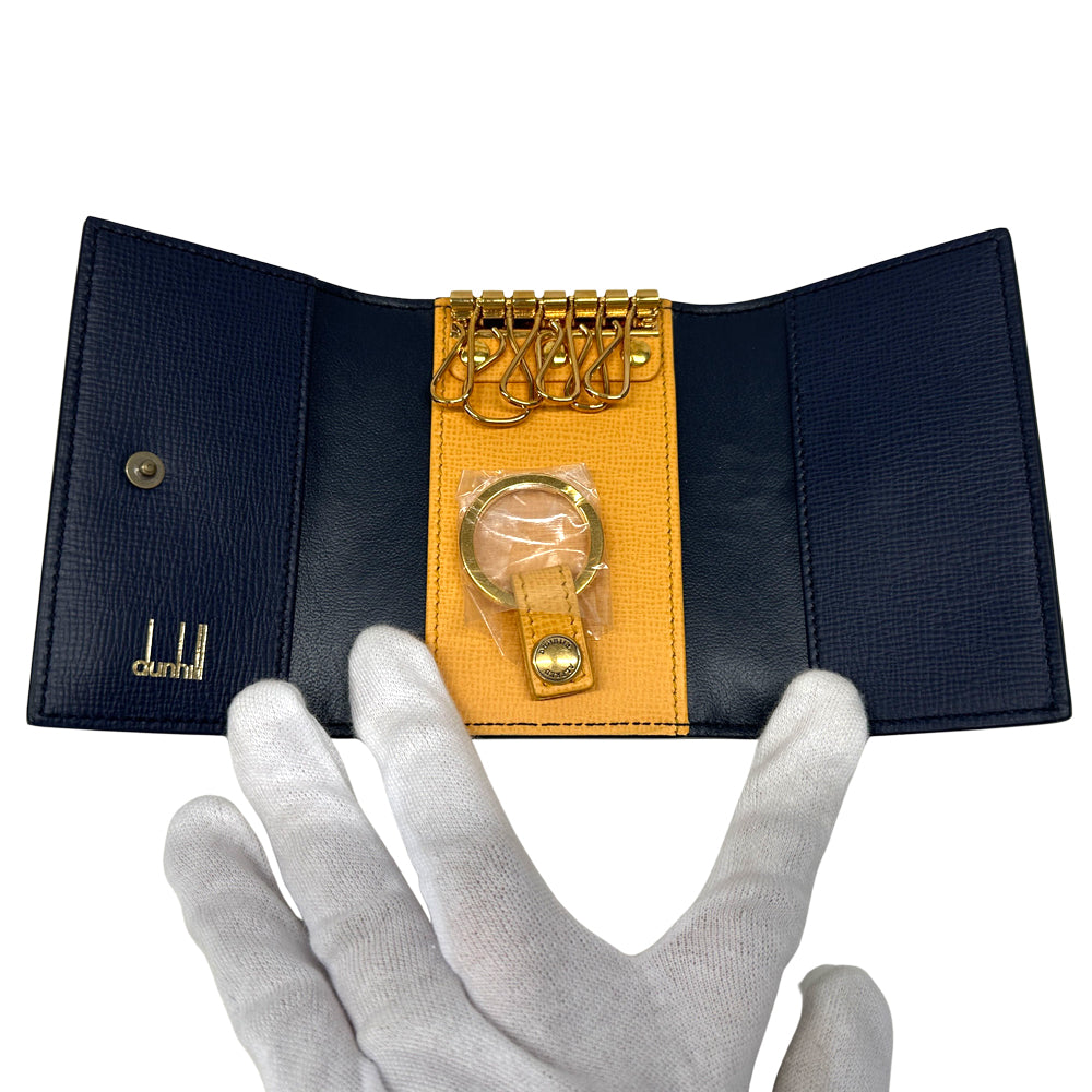 Dunhill ダンヒル キーケース ネイビー イエロー レザー 6連 キーリング付き メンズ 【中古】