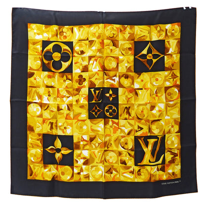 LOUIS VUITTON ルイ・ヴィトン Carre Au fil du temps 時の流れに スカーフ ブラック イエロー シルク レディース 【中古】
