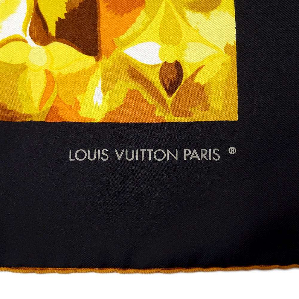 LOUIS VUITTON ルイ・ヴィトン Carre Au fil du temps 時の流れに スカーフ ブラック イエロー シルク レディース 【中古】