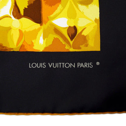 LOUIS VUITTON ルイ・ヴィトン Carre Au fil du temps 時の流れに スカーフ ブラック イエロー シルク レディース 【中古】