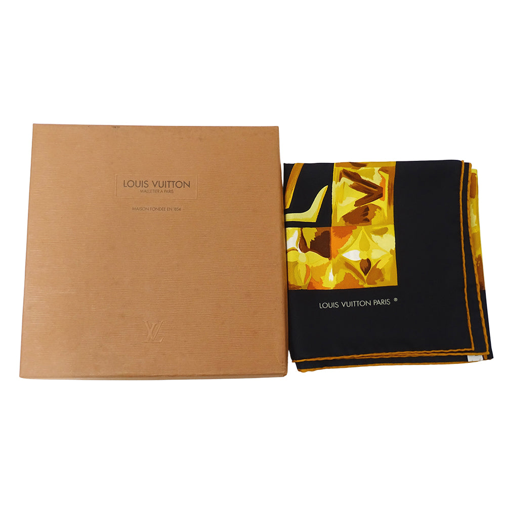 LOUIS VUITTON ルイ・ヴィトン Carre Au fil du temps 時の流れに スカーフ ブラック イエロー シルク レディース 【中古】