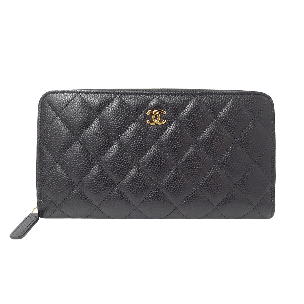 CHANEL シャネル 長財布 マトラッセ ブラック ゴールド金具 キャビアスキン レディース 【中古】