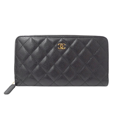 CHANEL シャネル 長財布 マトラッセ ブラック ゴールド金具 キャビアスキン レディース 【中古】