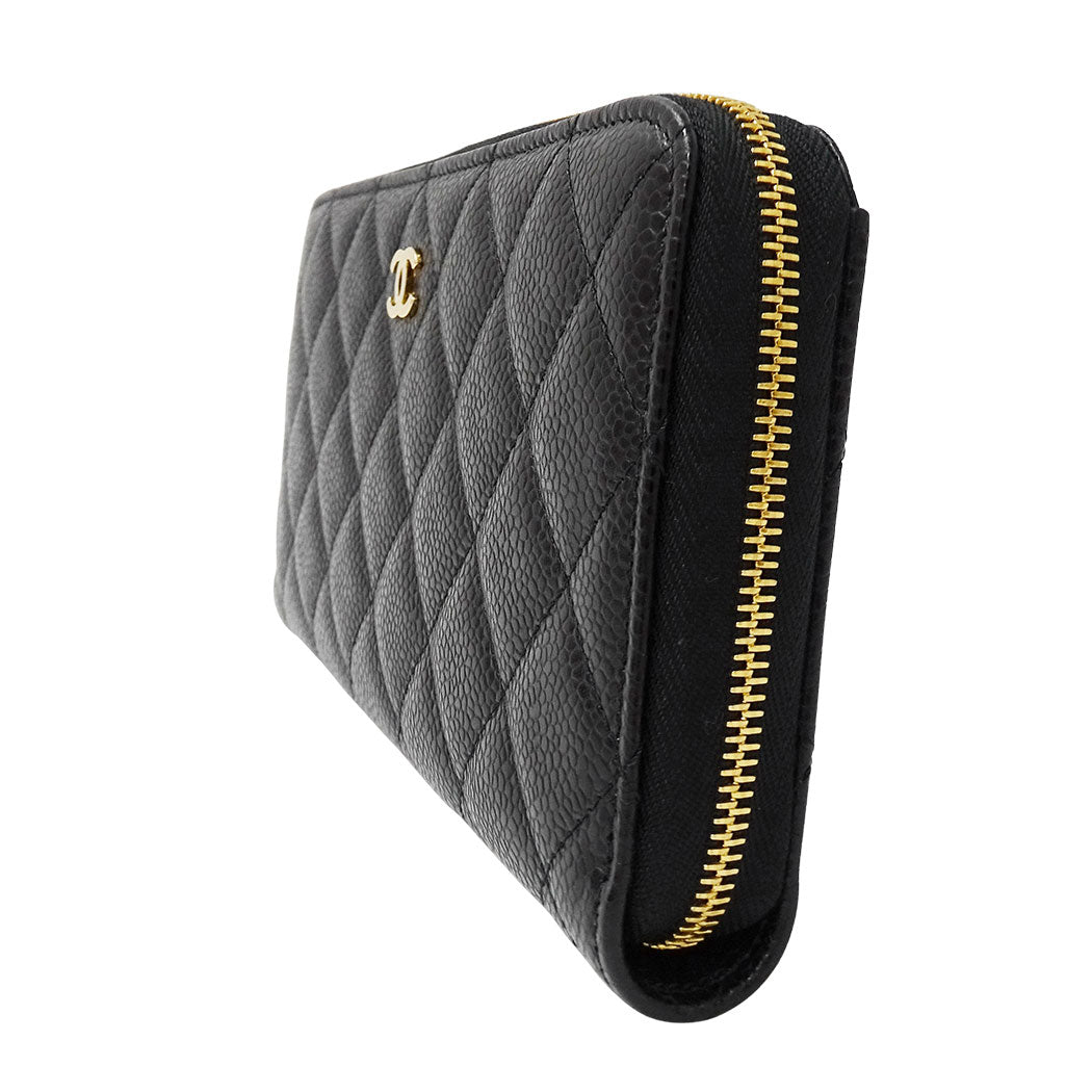 CHANEL シャネル 長財布 マトラッセ ブラック ゴールド金具 キャビアスキン レディース 【中古】