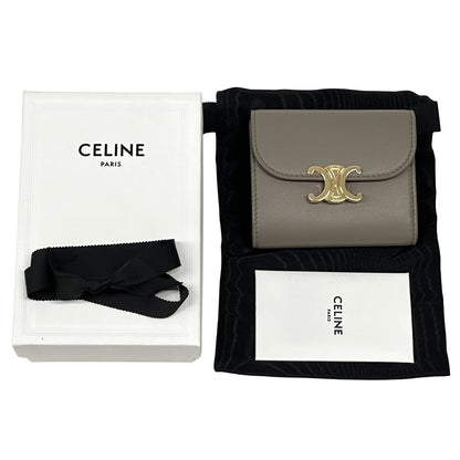 CELINE セリーヌ 二つ折り財布 トリオンフ グレー ゴールド レザー レディース 【中古】