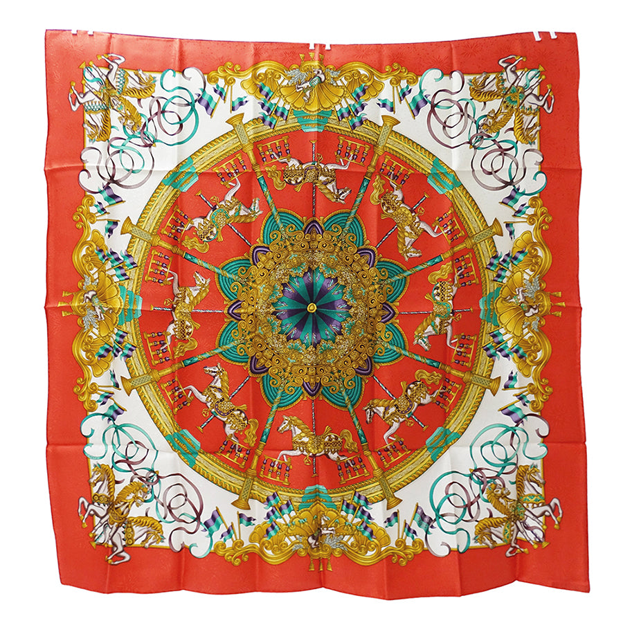 HERMES エルメス LUNA PARK 遊園地 スカーフ カレ 90 オレンジ レッド シルク レディース 【中古】