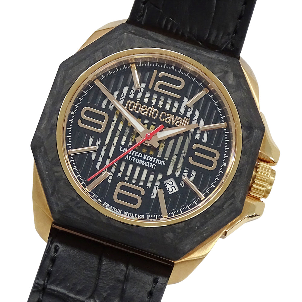 roberto cavalli ロベルト・カヴァリ バイ フランクミュラー RV1G077L0051 メンズ 腕時計 デイト 自動巻き SS カーボン レザー【中古】