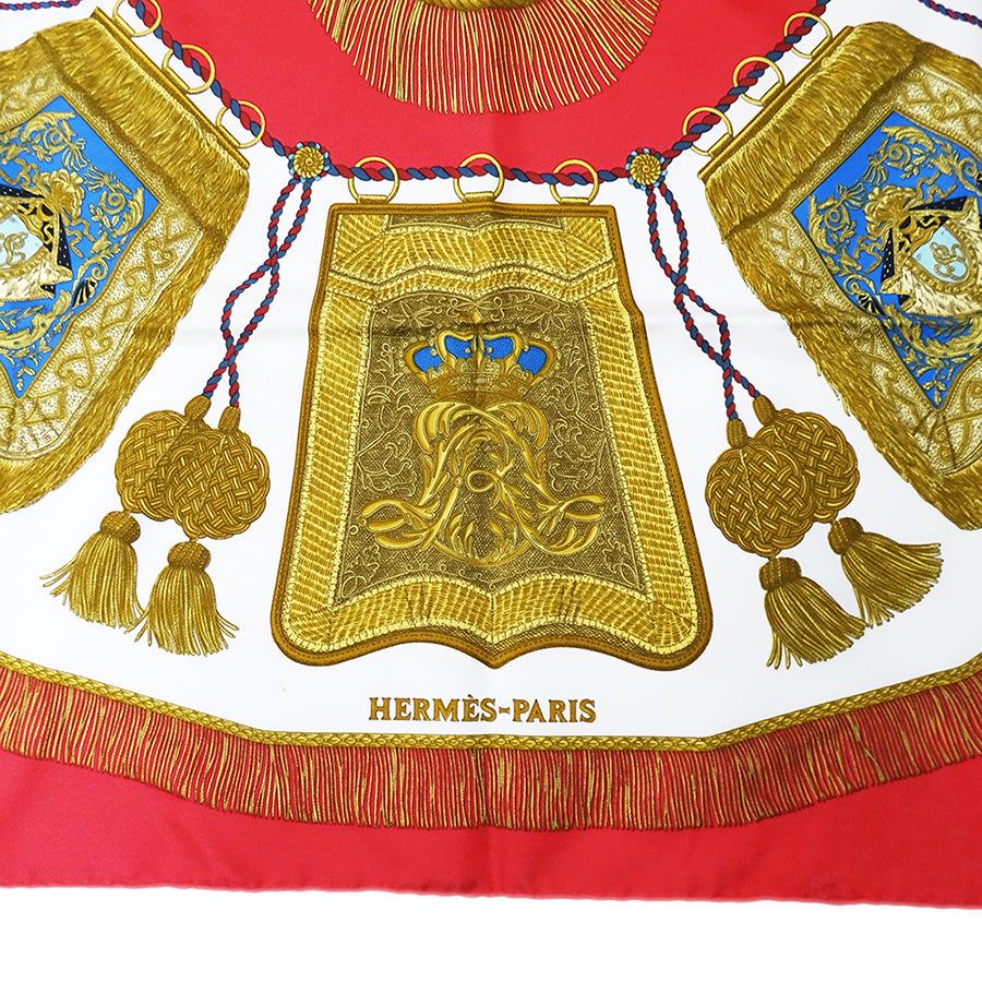 HERMES エルメス Poste et Cavalerie サーベル飾り袋 スカーフ カレ 90 レッド シルク レディース 【中古】