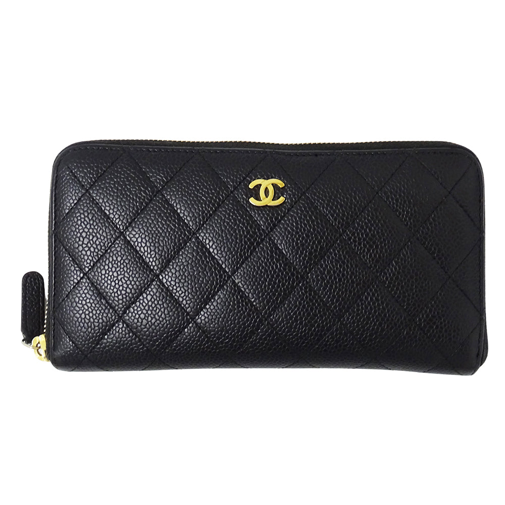 CHANEL シャネル 長財布 マトラッセ ブラック ゴールド金具 キャビアスキン レディース 【中古】