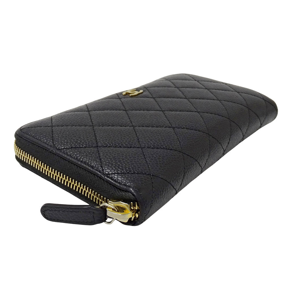 CHANEL シャネル 長財布 マトラッセ ブラック ゴールド金具 キャビアスキン レディース 【中古】