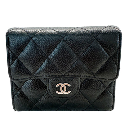 CHANEL シャネル 二つ折り財布 マトラッセ ブラック シルバー金具 キャビアスキン レディース 【中古】
