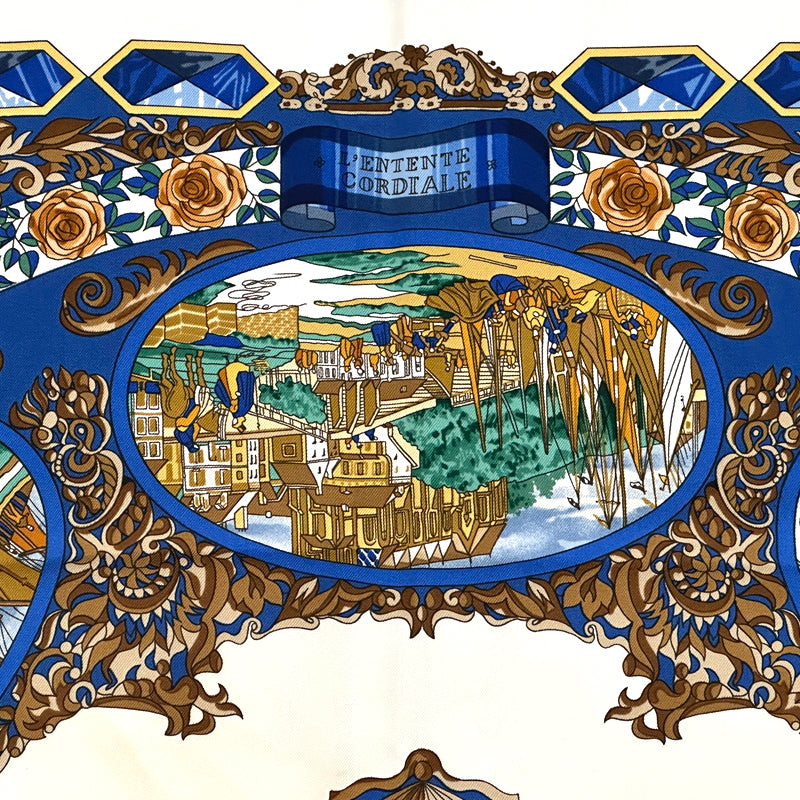 HERMES エルメス カレ90 L'ENTENTE CORDIALE 仏英同盟 スカーフ ブルー マルチカラー シルク レディース 【中古】