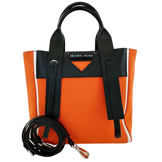 PRADA プラダ ウーヴェルチュール 2wayバッグ オレンジ ブラック キャンバス レディース 【中古】