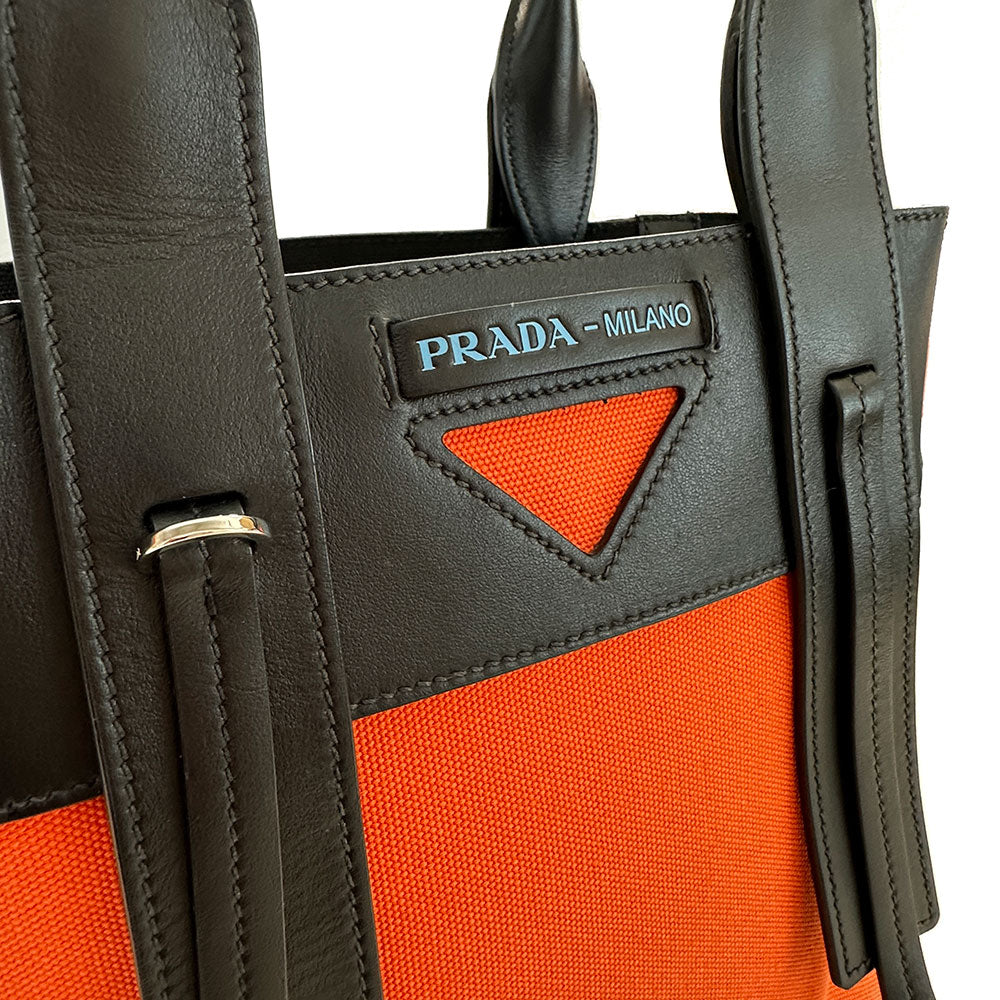 PRADA プラダ ウーヴェルチュール 2wayバッグ オレンジ ブラック キャンバス レディース 【中古】
