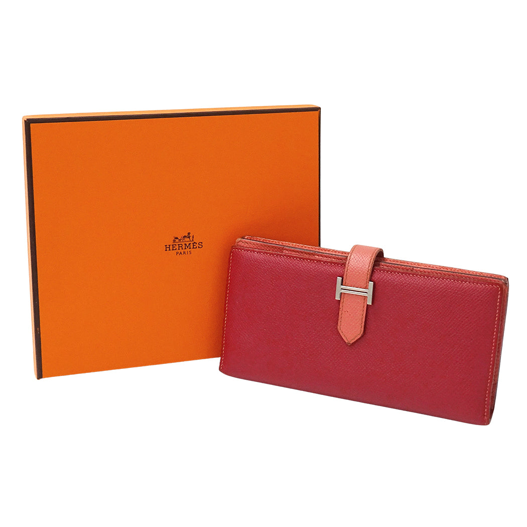 HERMES エルメス ベアン スフレ 長財布 ルージュカザック フラミンゴ シルバー金具 ヴォーエプソン レディース 【中古】