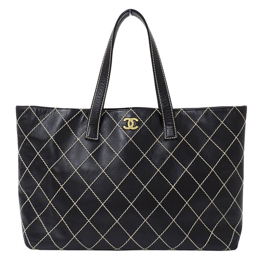 CHANEL シャネル トートバッグ ワイルドステッチ ブラック ゴールド金具 レザー レディース 【中古】