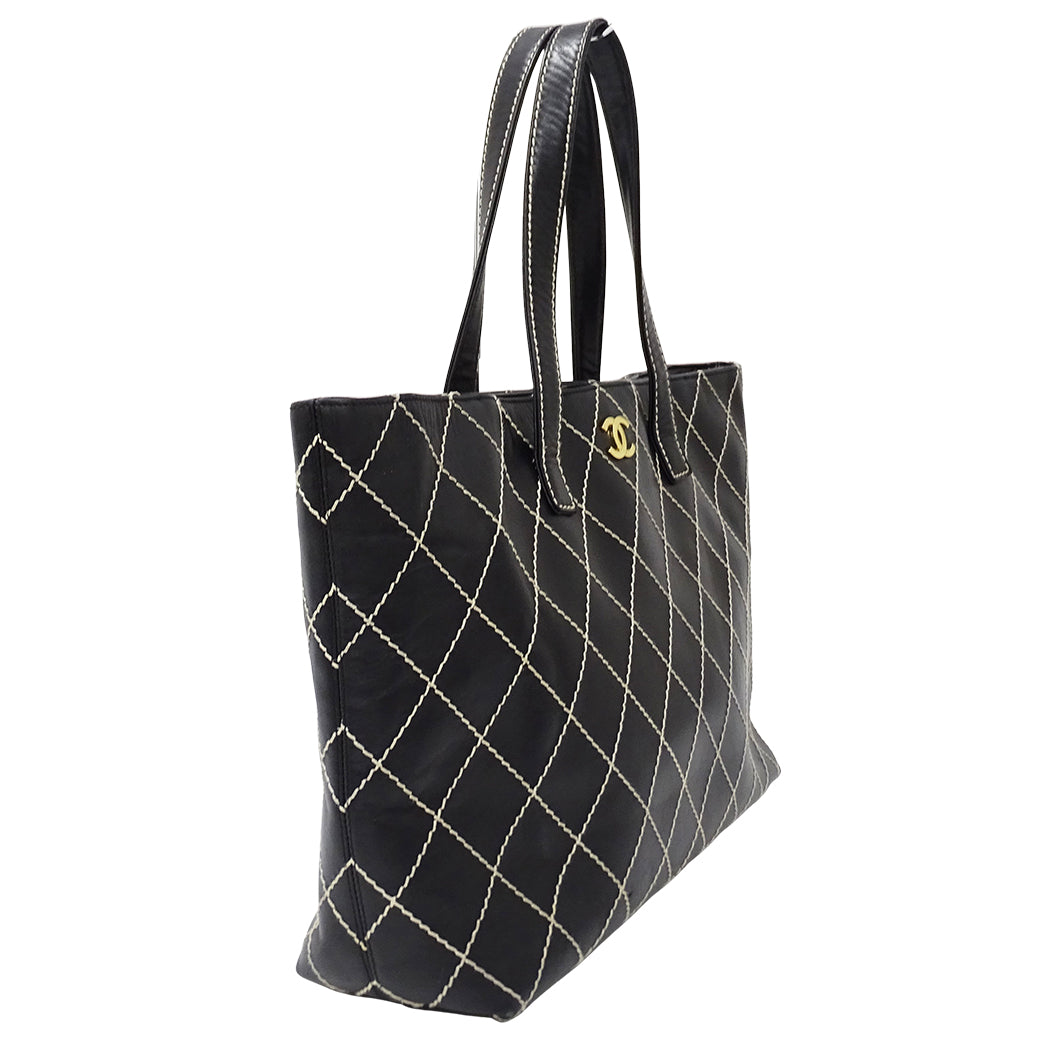 CHANEL シャネル トートバッグ ワイルドステッチ ブラック ゴールド金具 レザー レディース 【中古】