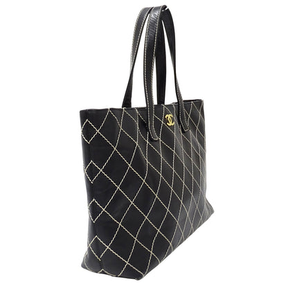 CHANEL シャネル トートバッグ ワイルドステッチ ブラック ゴールド金具 レザー レディース 【中古】