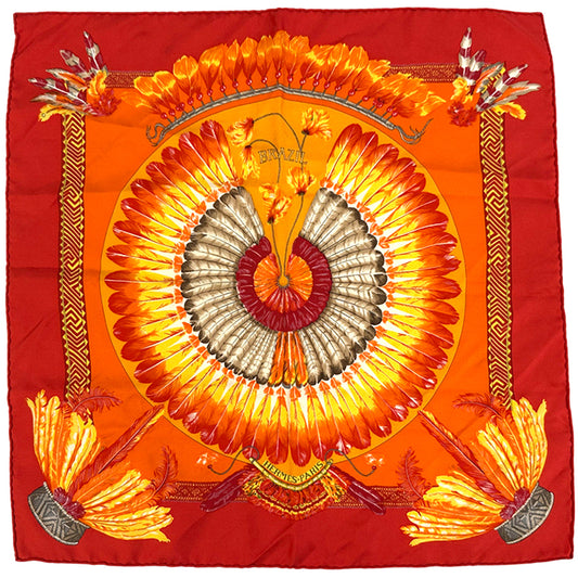 HERMES エルメス プチカレ BRAZIL ブラジル スカーフ レッド オレンジ シルク レディース 【中古】