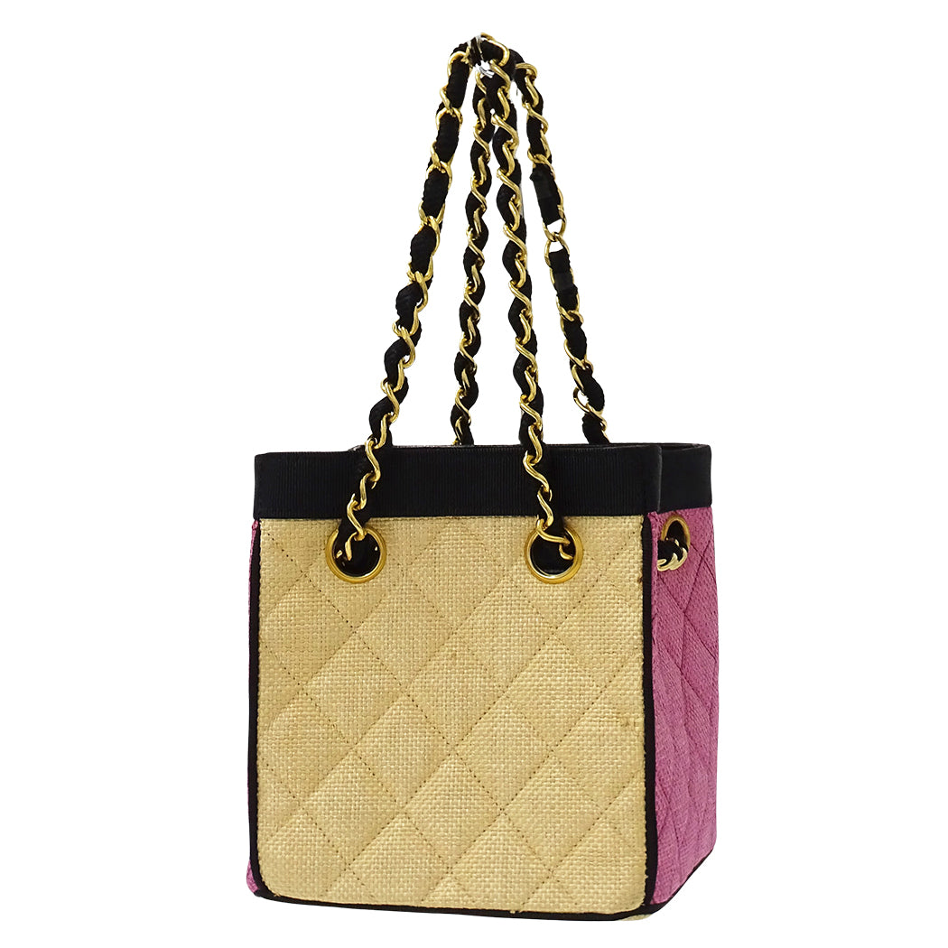 CHANEL シャネル ハンドバッグ ショルダーバッグ マトラッセ ベージュ ピンク 麦わら ストロー レディース 【中古】