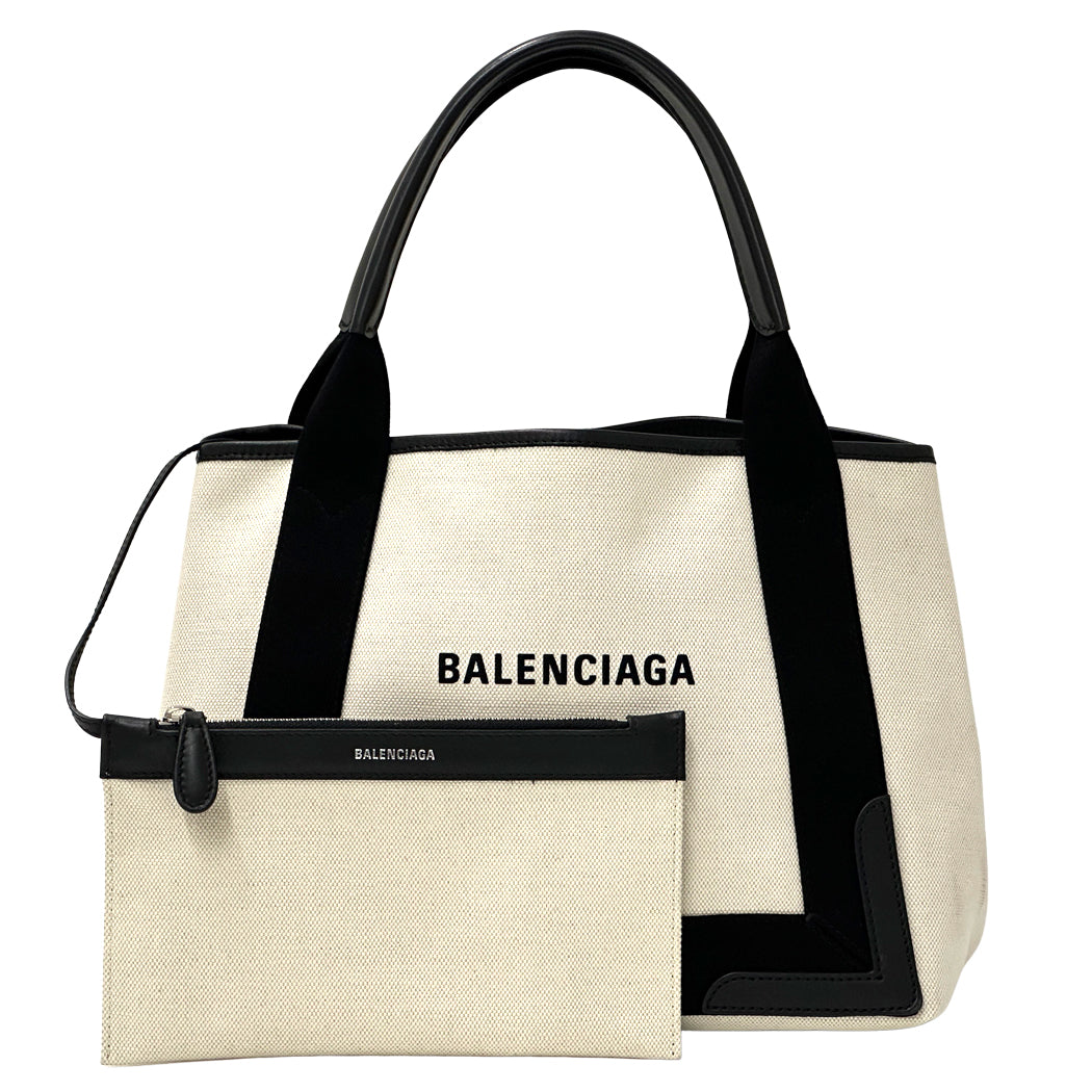 BALENCIAGA バレンシアガ ネイビーカバスS ハンドバッグ ホワイト ブラック 339933 キャンバス レディース 【中古】