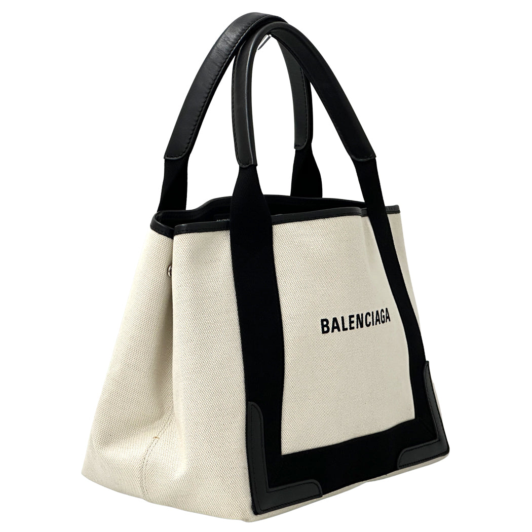 BALENCIAGA バレンシアガ ネイビーカバスS ハンドバッグ ホワイト ブラック 339933 キャンバス レディース 【中古】