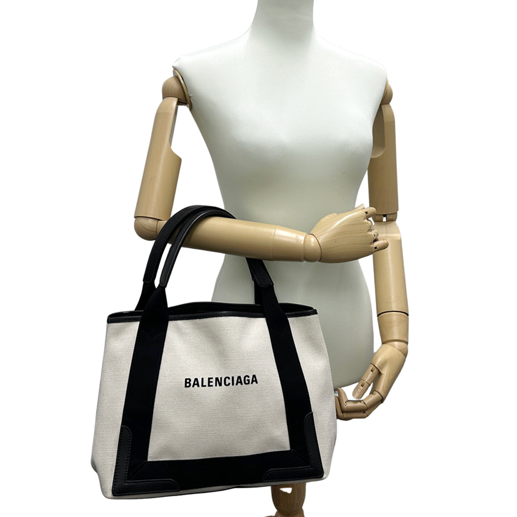 BALENCIAGA バレンシアガ ネイビーカバスS ハンドバッグ ホワイト ブラック 339933 キャンバス レディース 【中古】