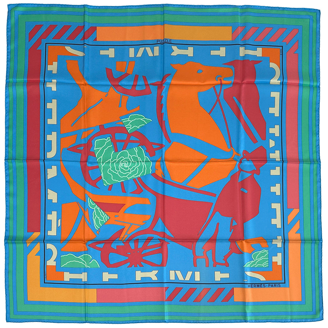 HERMES エルメス カレ90 PUZZLE パズル スカーフ ブルー オレンジ シルク レディース 【中古】