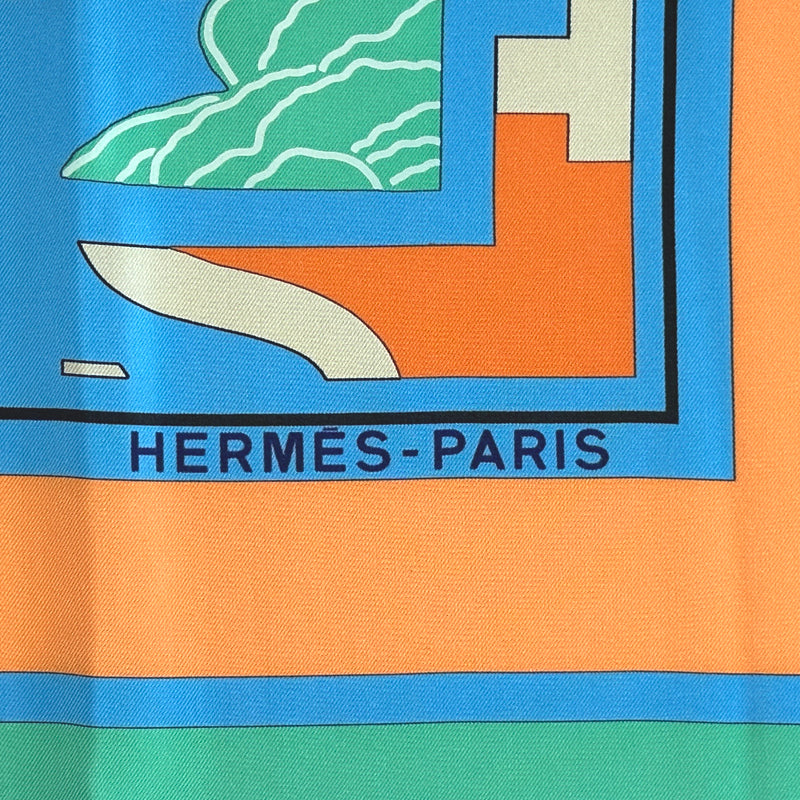 HERMES エルメス カレ90 PUZZLE パズル スカーフ ブルー オレンジ シルク レディース 【中古】