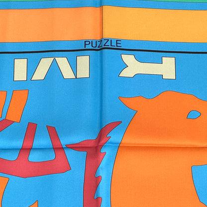 HERMES エルメス カレ90 PUZZLE パズル スカーフ ブルー オレンジ シルク レディース 【中古】