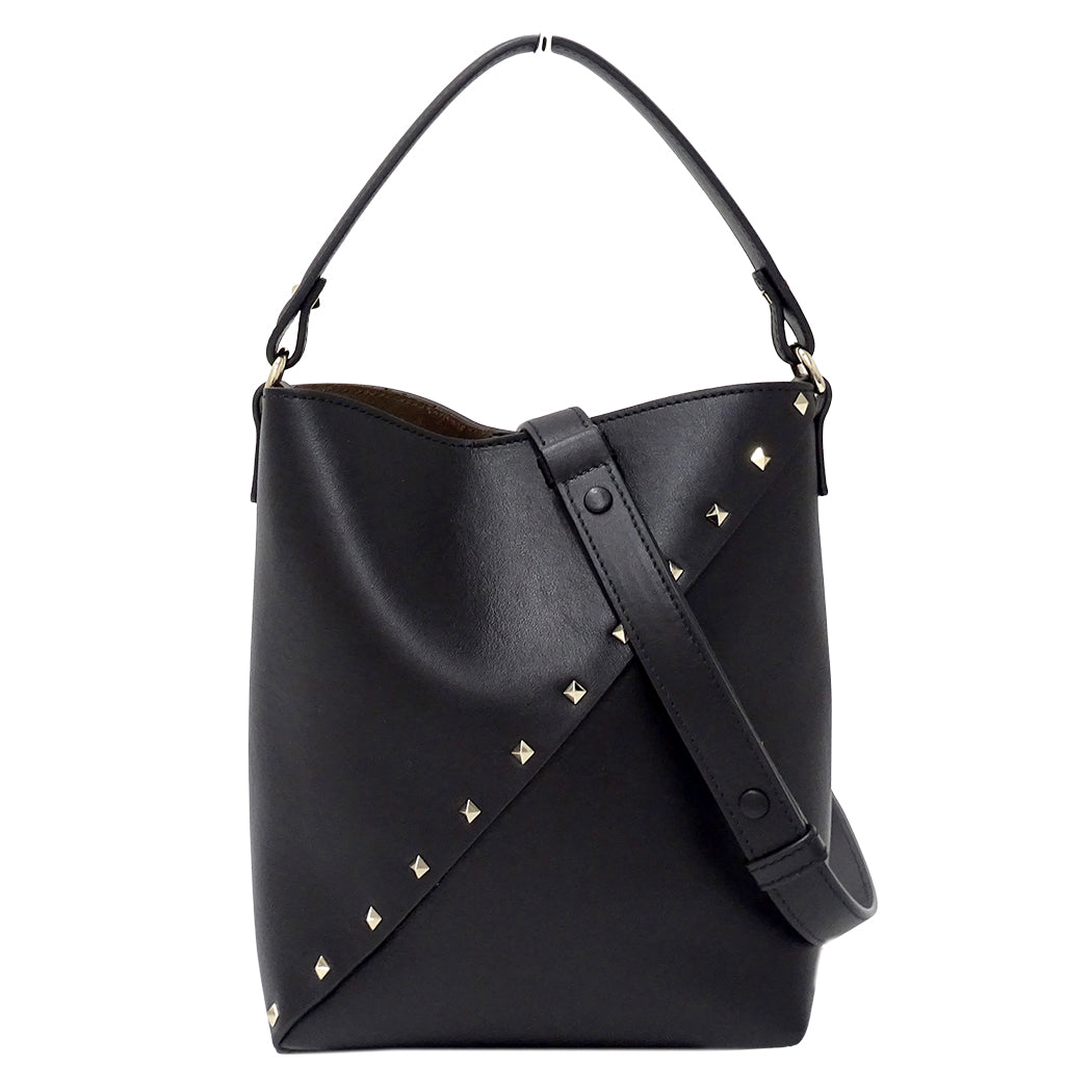 Valentino Garavani ヴァレンティノ・ガラヴァーニ ロックスタッズ ウィスピー バケットバッグ 2wayバッグ ブラック レザー レディース 【中古】
