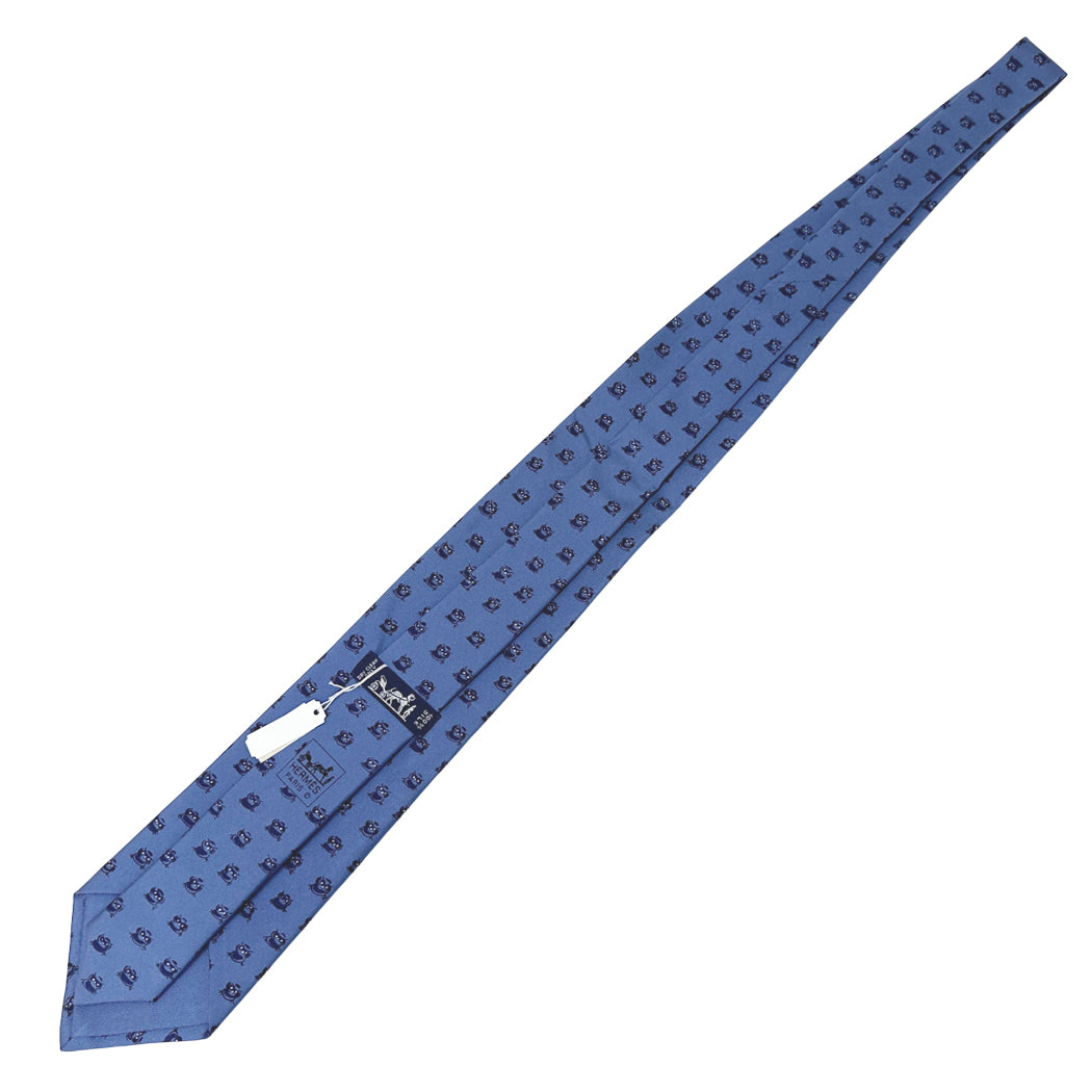 HERMES エルメス ネクタイ ブルー シルク メンズ フクロウ 鳥 動物 アニマル 【中古】