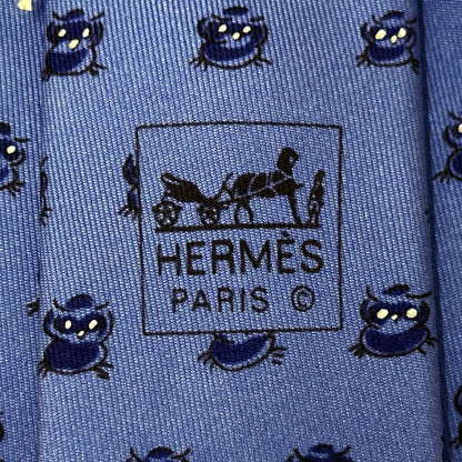 HERMES エルメス ネクタイ ブルー シルク メンズ フクロウ 鳥 動物 アニマル 【中古】