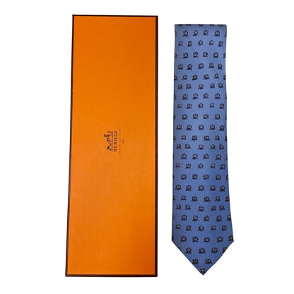 HERMES エルメス ネクタイ ブルー シルク メンズ フクロウ 鳥 動物 アニマル 【中古】