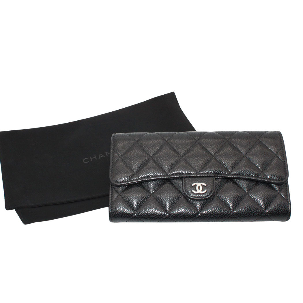 CHANEL シャネル 長財布 マトラッセ ブラック シルバー金具 キャビアスキン レディース 【中古】