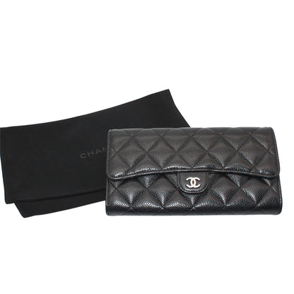CHANEL シャネル 長財布 マトラッセ ブラック シルバー金具 キャビアスキン レディース 【中古】