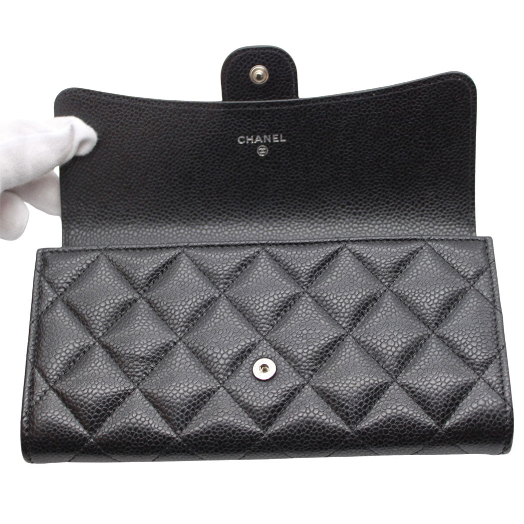 CHANEL シャネル 長財布 マトラッセ ブラック シルバー金具 キャビアスキン レディース 【中古】