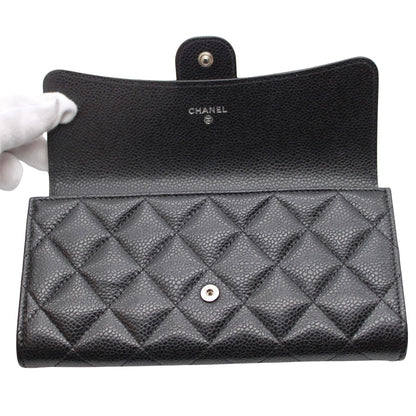 CHANEL シャネル 長財布 マトラッセ ブラック シルバー金具 キャビアスキン レディース 【中古】