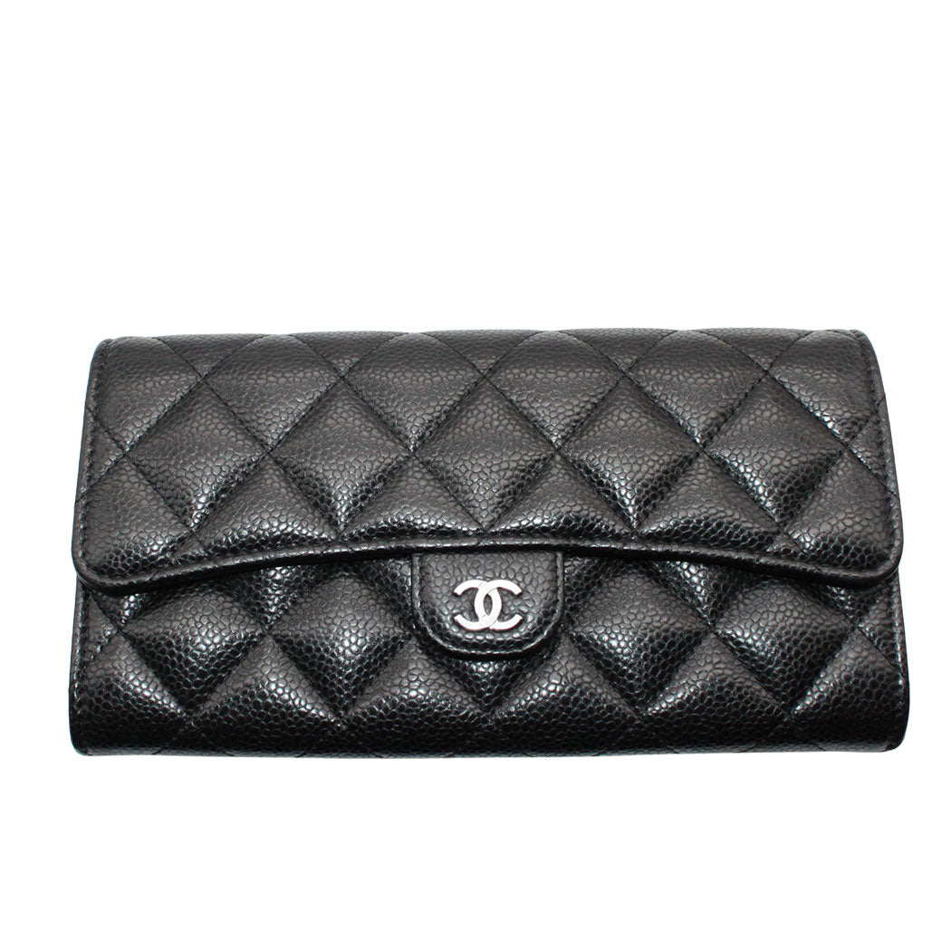 CHANEL シャネル 長財布 マトラッセ ブラック シルバー金具 キャビアスキン レディース 【中古】
