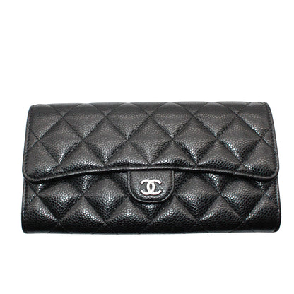 CHANEL シャネル 長財布 マトラッセ ブラック シルバー金具 キャビアスキン レディース 【中古】
